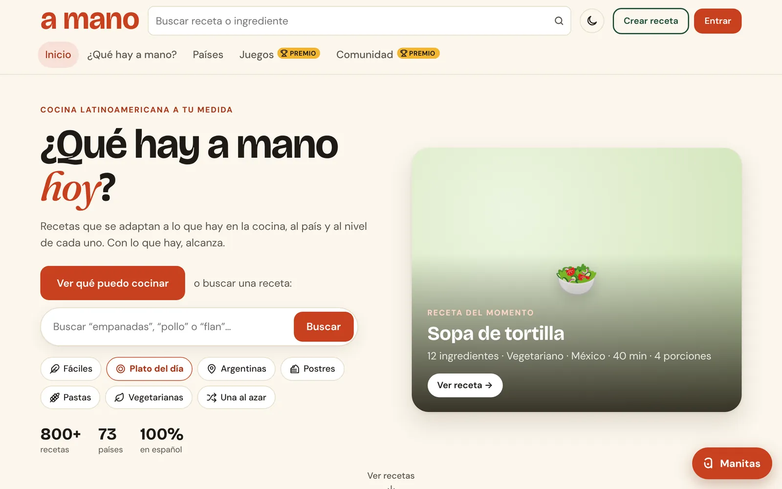Inicio de A Mano: buscador de recetas, la pregunta “¿Qué hay a mano hoy?” y la receta del momento.
