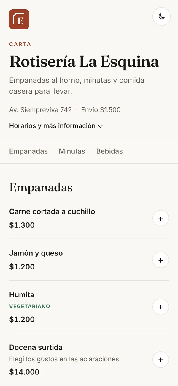 La carta de la rotisería en el celular, con empanadas y precios.