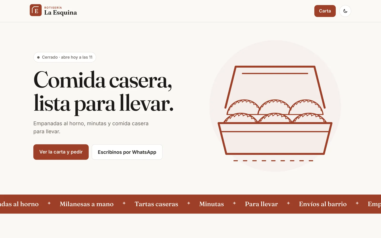 Página de Rotisería La Esquina, local de demostración: “Comida casera, lista para llevar”, con una ilustración de una caja de empanadas.