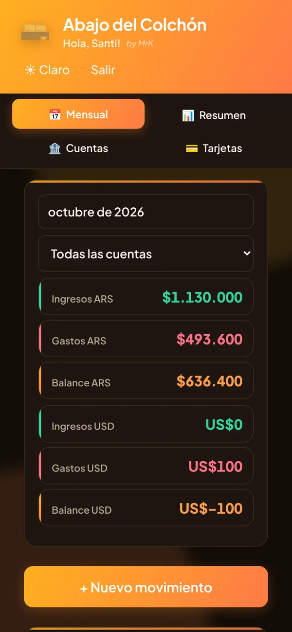 Abajo del Colchón en el celular (datos de ejemplo).