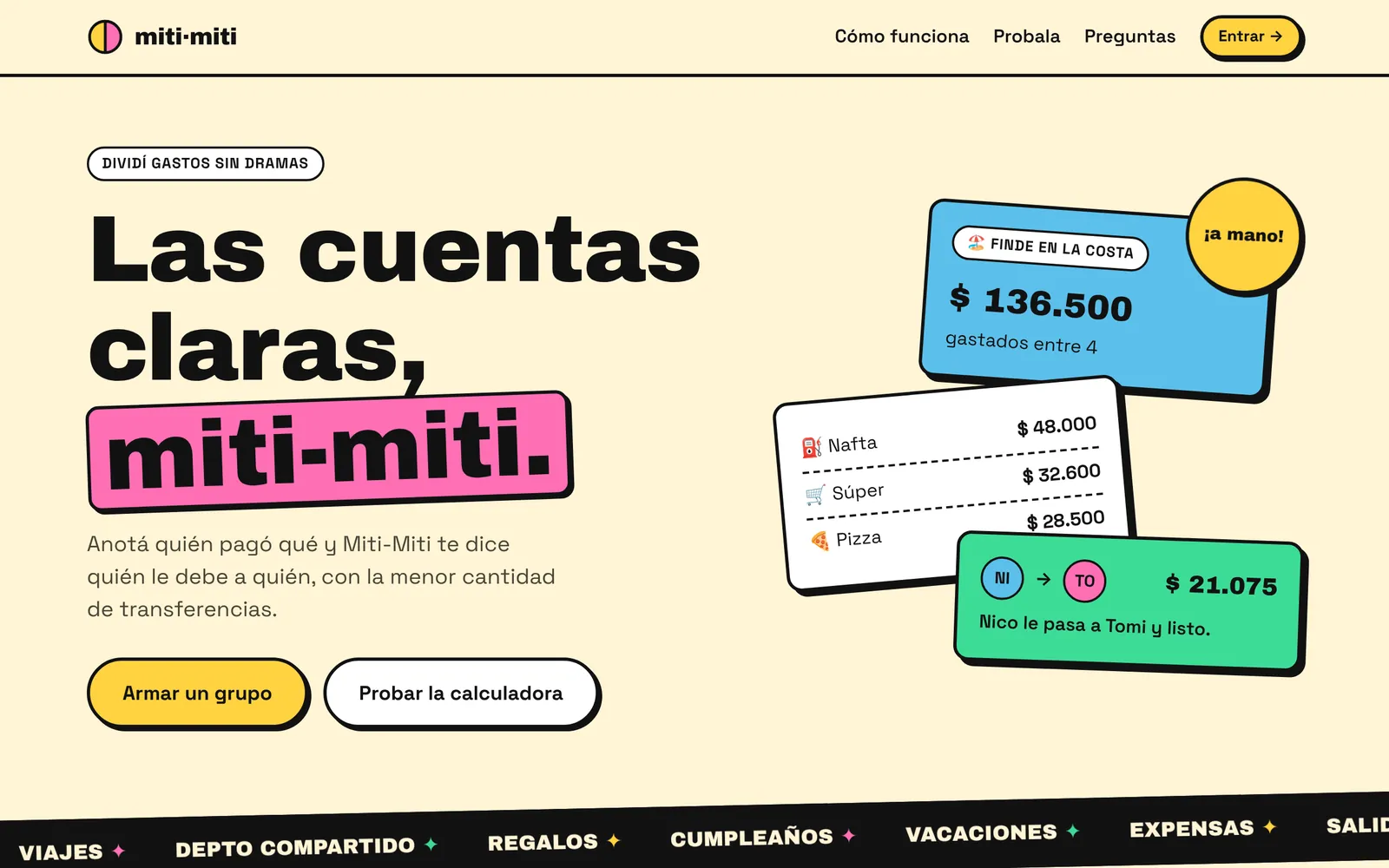 Portada de Miti-Miti: “Las cuentas claras, miti-miti”, con tarjetas de un viaje a la costa, sus gastos y la transferencia que deja a todos a mano.